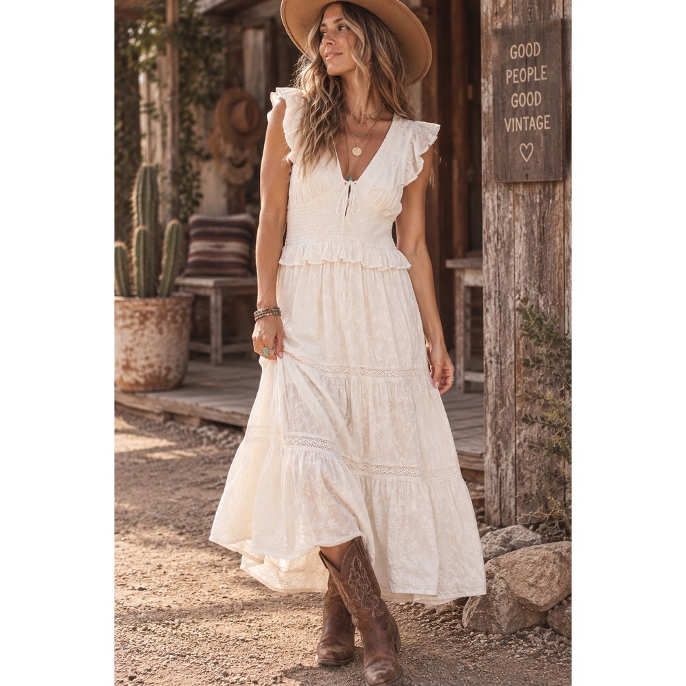 Band of the Free White Cotton Tiered Maxi Dress Lace Smocked Boho Ruffle Large